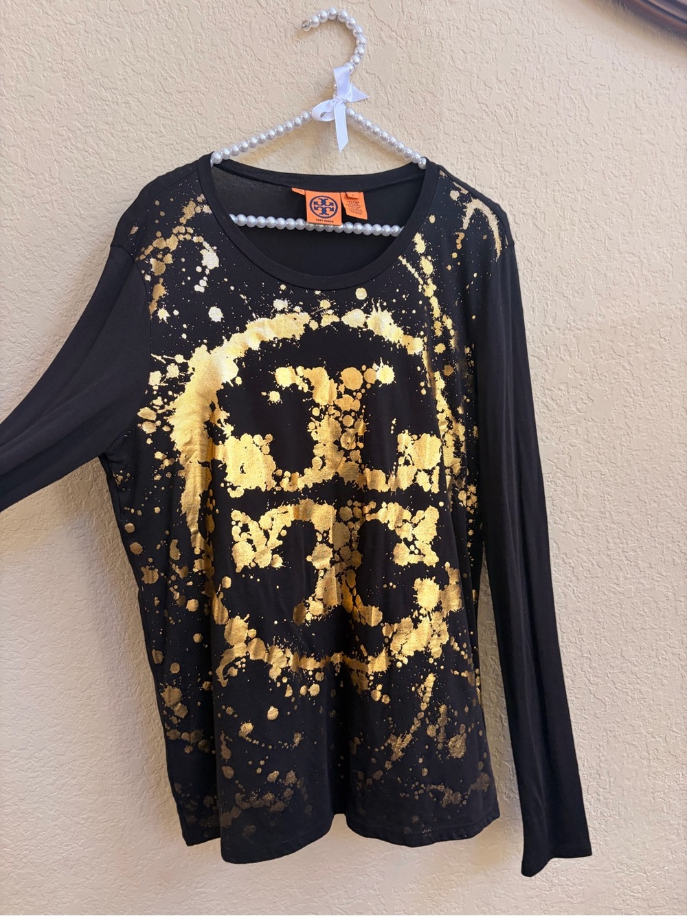 Tory Burch Black Long-Sleeve Tee with Metallic Gold Logo Splash